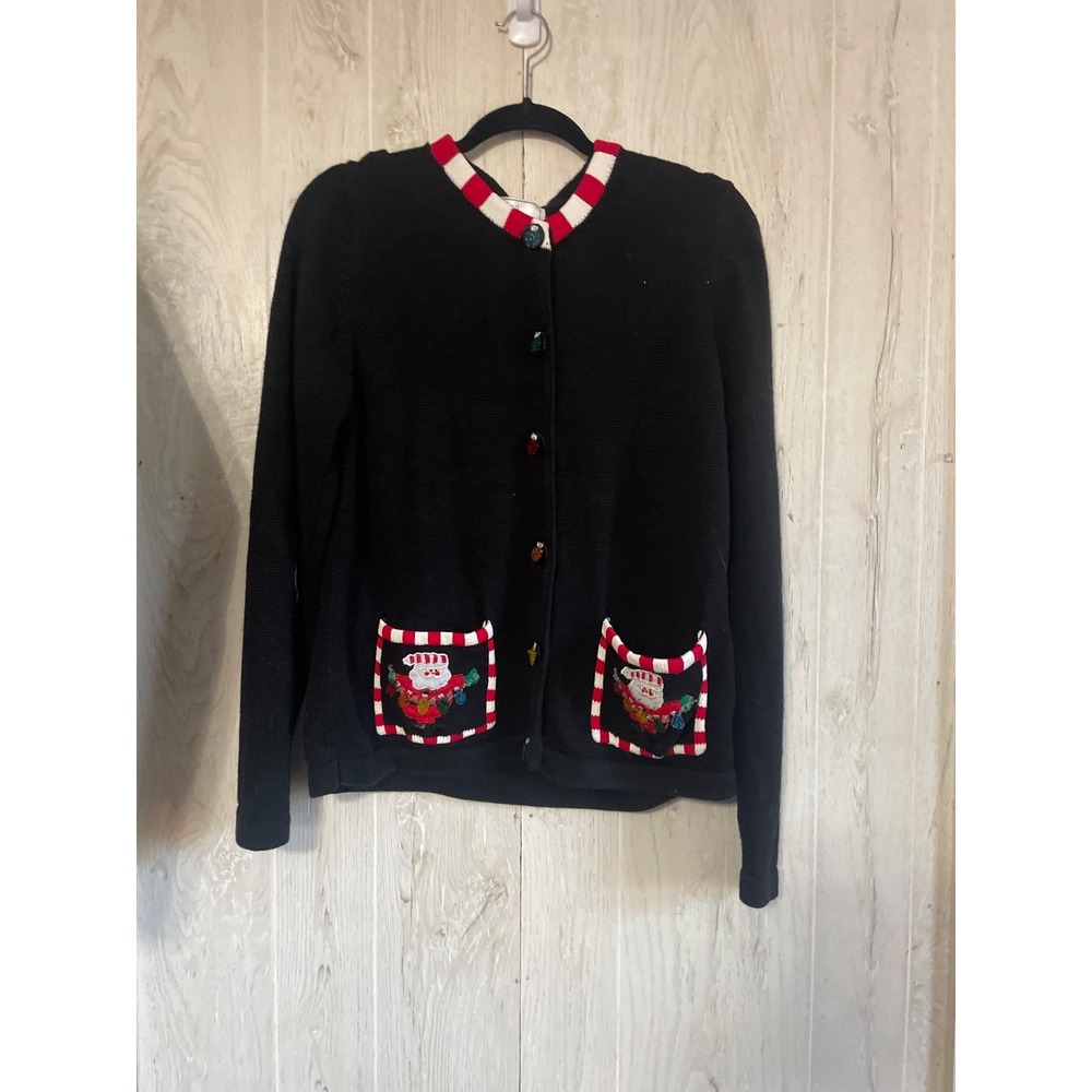Vintage Lisa International Black Christmas Sweater Small S Mistle Toe Holly Knit